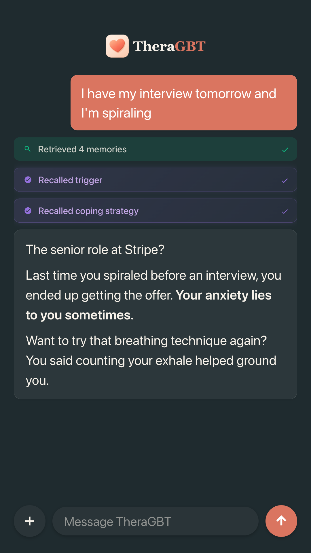 Memory recall showing Retrieved 4 memories and Recalled trigger tags
